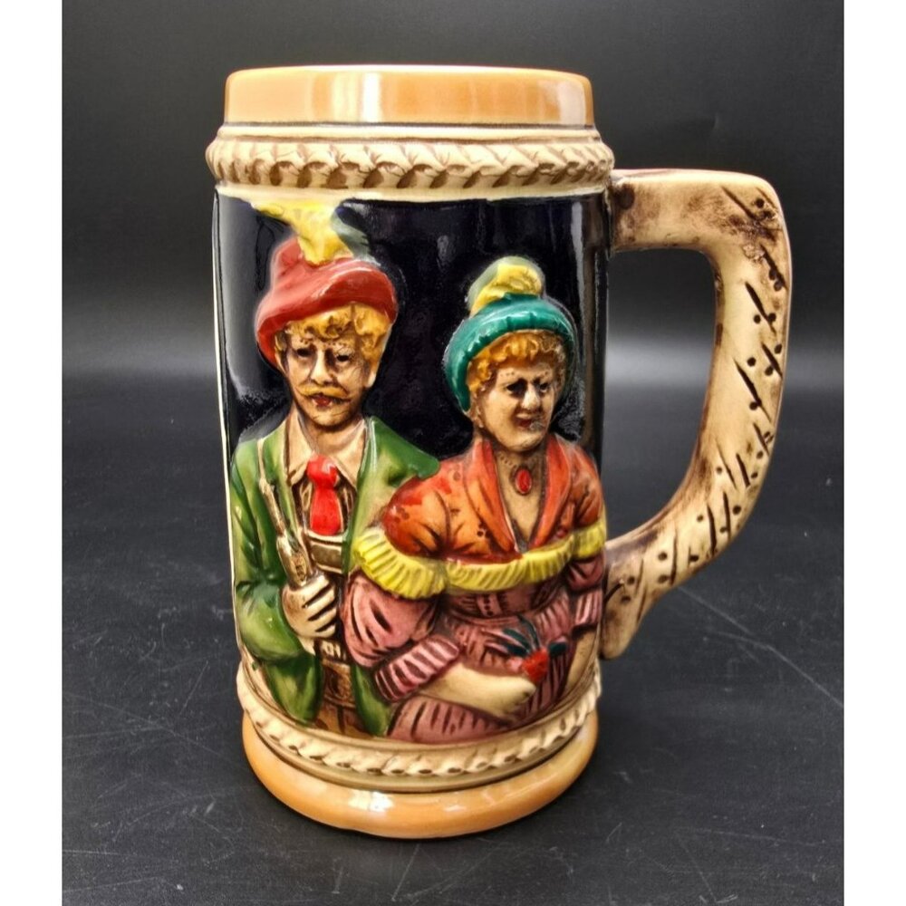 Vintage German Beer Stein With Embossed Medieval Scene Tankard Mug VL4002